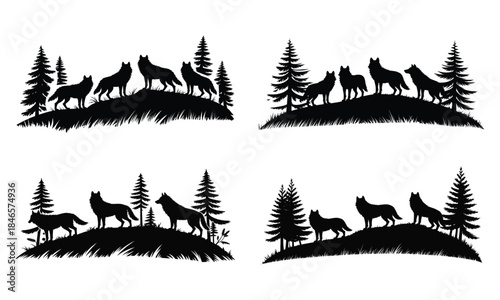 Wolf pack in forest silhouettes, wild animals howling in woodland nature landscape

