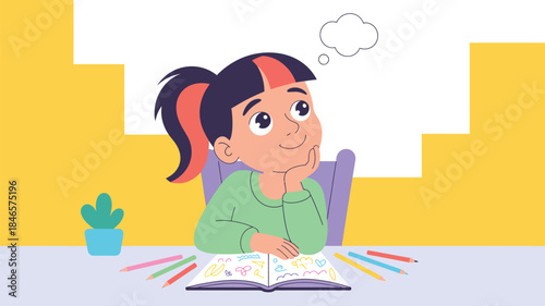 Thoughtful girl studying with colorful school supplies and potted plant