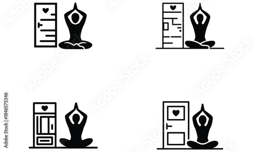 Woman meditation silhouettes with office furniture, work life balance and mindfulness concept icons
