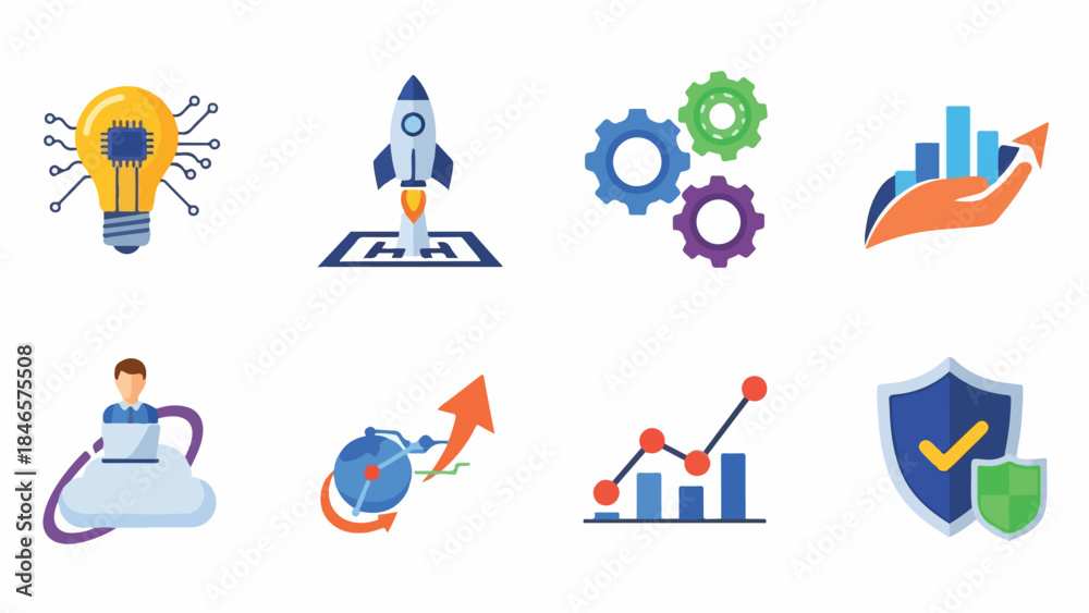 Fototapeta premium Collection of Business and Technology Icons Representing Growth, Innovation, and Success