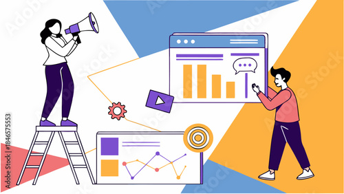 Digital Marketing Campaign with Social Media Analytics and Megaphone – Vector Illustration

