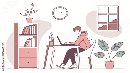 Young Man Working from Home at Desk – Cozy Remote Office Vector Illustration

