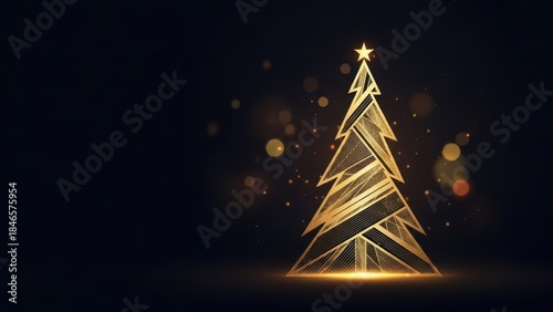 Elegant golden christmas tree with geometric design and bokeh lights on a dark backdrop