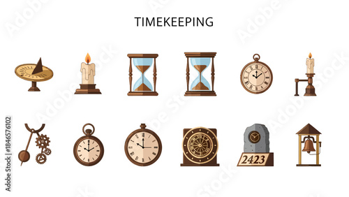 A collection of ten historical and mechanical timekeeping devices displayed in two horizontal rows