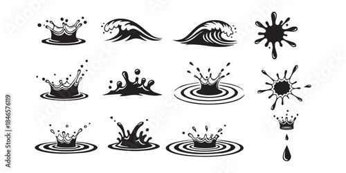 Splash water vector black set icon. Fresh droplet isolated black set icon. Vector illustration splash water on white background. Collection of Black and White Water Splash and Wave, pro
