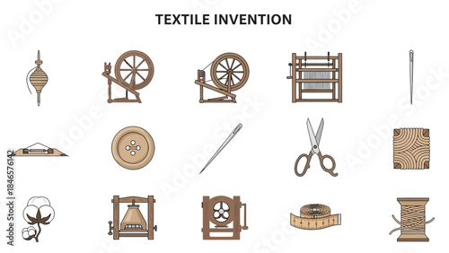 Collection of brown and beige icons illustrating textile production tools and materials