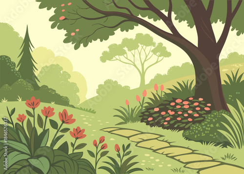 Lush Green Garden with Colorful Blooming Flowers