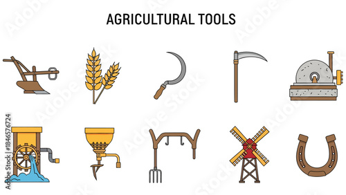 Ten agricultural tools and items illustrated in two rows on a white background