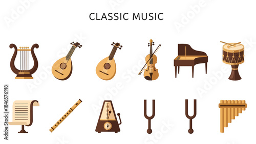 Ten musical items and a sheet of music displayed in two rows under the text CLASSIC MUSIC