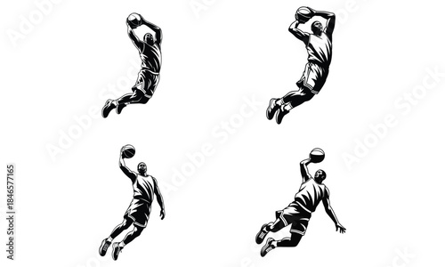 Basketball player dunk silhouettes set, slam dunk action poses, sport and athletic movement illustration
