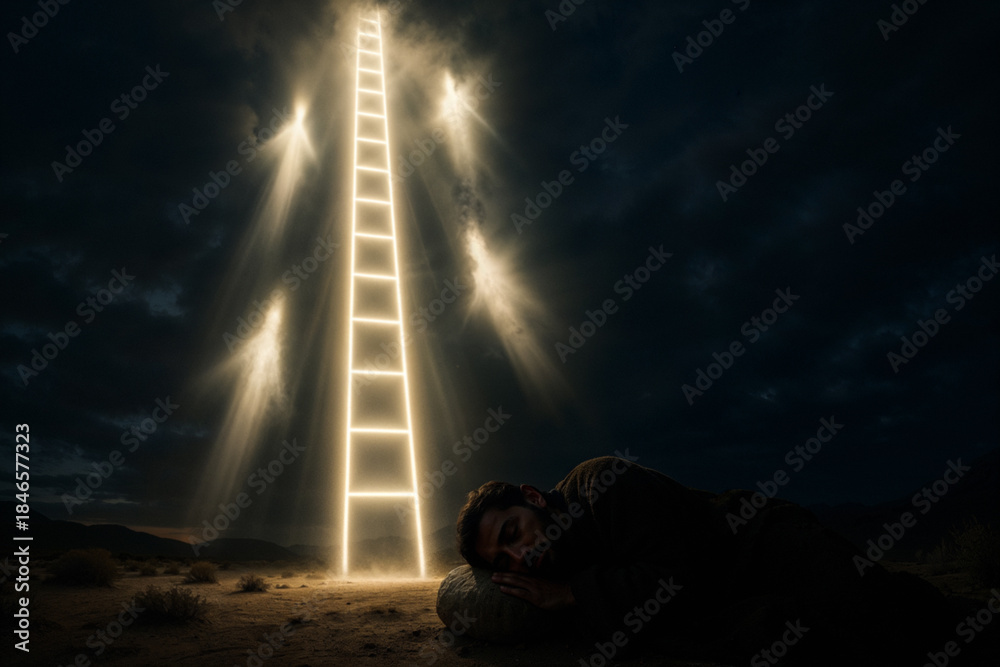 Fototapeta premium Jacob Sleeping Beneath the Ladder Rising Into Heaven at Bethel