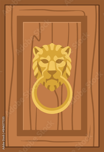 Vector illustration of a classic golden lion head door knocker mounted on a brown wooden door panel.