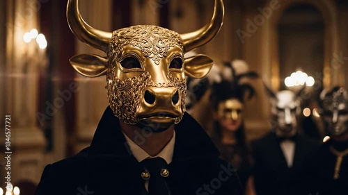 Golden bull mask in focus at mysterious elite high society gathering.