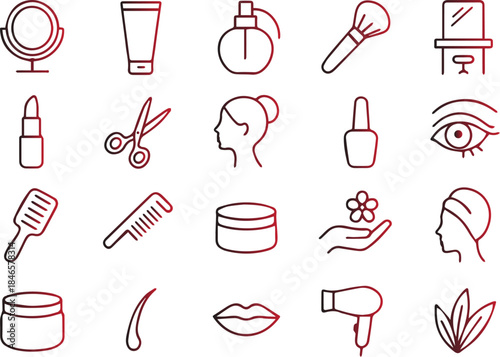 A collection of beauty and cosmetic icons including makeup skincare hair care and facial treatment elements displayed in a simple