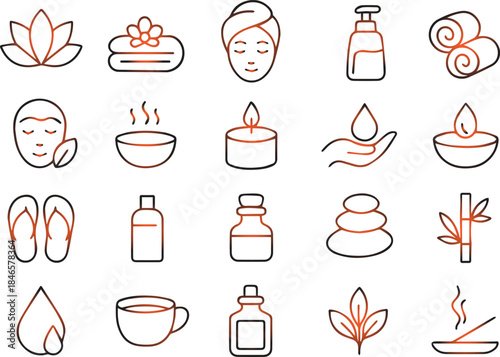 A collection of line art icons depicting various elements associated with wellness relaxation and spa treatments presented in a minimalist