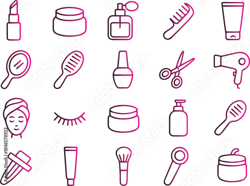 A collection of pink line art icons depicting various beauty and personal care products tools and accessories for self care
