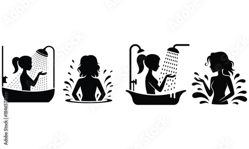 Woman Shower and Bathroom Silhouette Vector Icons
