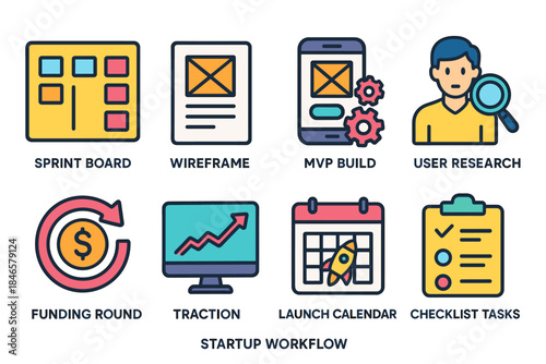 Startup workflow flat icons set