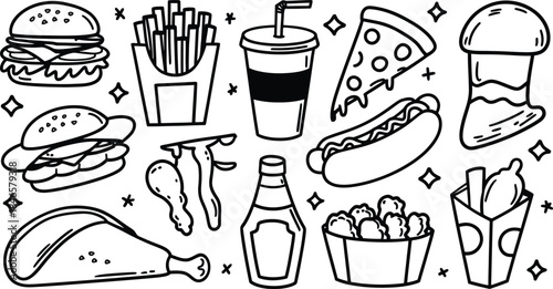 Hand Drawn Fast Food Doodle Set with Burger Pizza Hotdog Fries and Drink Vector Illustration