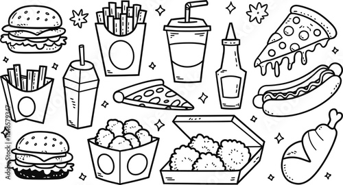 Hand Drawn Fast Food Doodle Set with Burger Pizza Hotdog Fries and Drink Vector Illustration