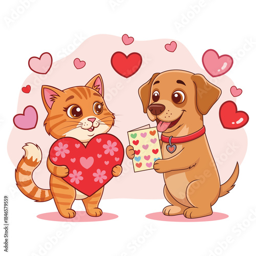 Cute vector of cat and dog exchanging Valentine cards