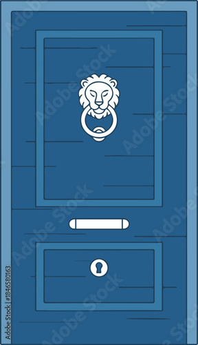 Vector illustration of a blue wooden front door featuring a lion head knocker, a mail slot, and a keyhole.