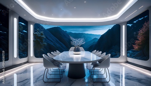 Minimalist futuristic conference room with a radiant white marble table, sleek seating, and expansive digital windows displaying a stunning mountain landscape