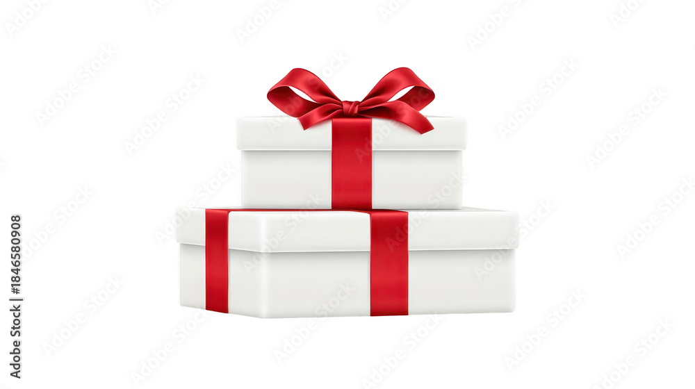 Obraz premium White gift boxes with red satin ribbon bows stacked together, symbolizing celebration, surprise, and joy, perfect for festive occasions, birthdays, or holiday events