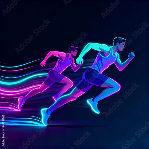 Epic Neon Gradient Two Runners in Motion – Dynamic Running Athlete Vector Illustration With Speed Lines
