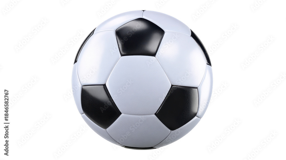 Fototapeta premium Soccer ball with classic black and white pattern, isolated on transparent background, used for football games, sports training, and recreation, symbolizing teamwork and competition