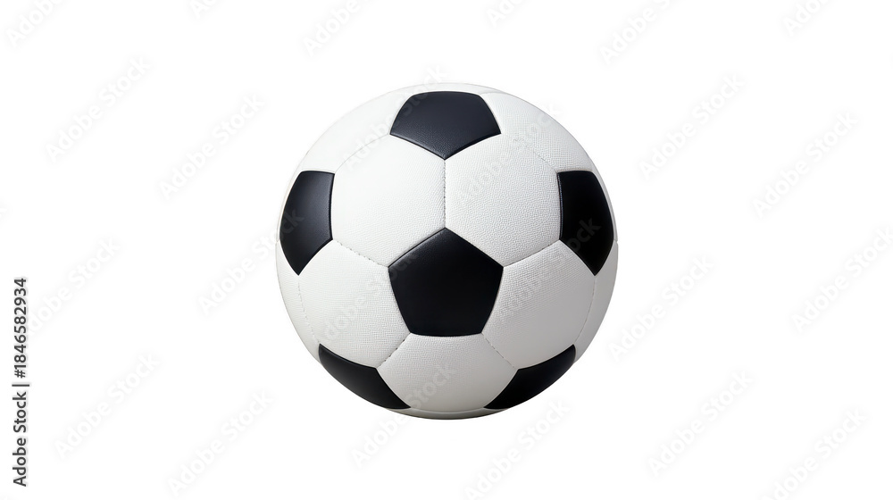 Fototapeta premium Soccer ball black white round leather sports equipment classic isolated clean recreation competition outdoor game pattern pentagon hexagon inflatable team activity youth adult shiny smooth texture
