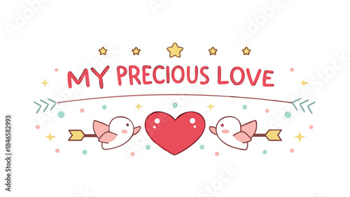 Adorable pastel valentine art featuring heart duo with birds and stars on white background for loving occasions