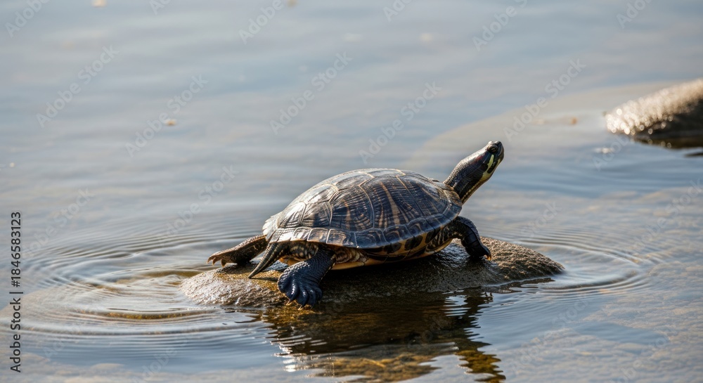 Obraz premium Red-Eared Slider Turtle Basking on a Rock in Calm Water