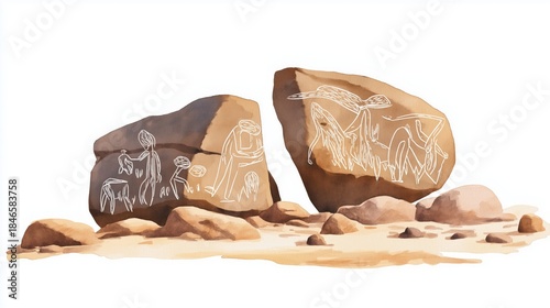 Sahara Rock Art. Sahara Rock Art hand drawn watercolor illustration on white background
