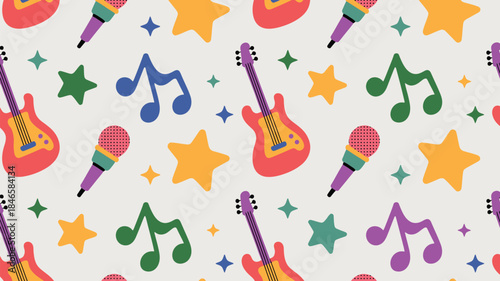 Vibrant music icons seamless pattern with guitars and microphones