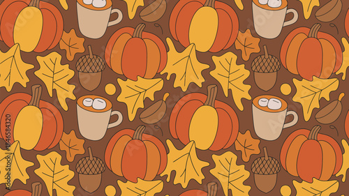 Cozy autumn pattern with pumpkins and hot chocolate