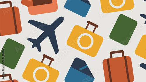 Vibrant travel luggage and airplane icons on white