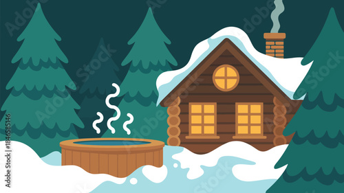 Cozy log cabin with hot tub in snowy forest at night