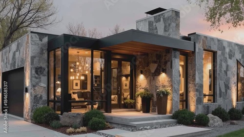 Architectural Elegance: Modern Home with Stone Facade, The image showcases a beautifully designed modern home, with a stone facade. The architecture features large windows that capture natural light.