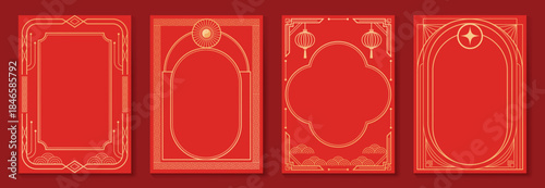 Chinese New Year 2026 vector decorative frame set with red and gold line art. Elegant oriental border design for greeting card poster invitation packaging and background.