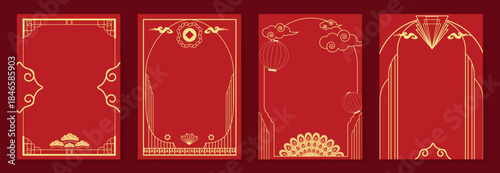 Chinese New Year 2026 vector decorative frame set with red and gold line art. Elegant oriental border design for greeting card poster invitation packaging and background.