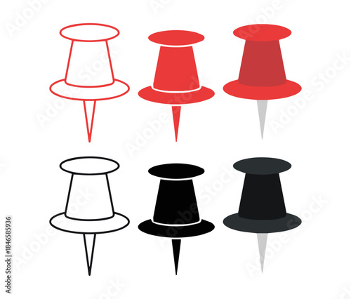 “push pin icons in red and black, outline and solid vector design”