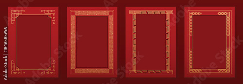 Chinese New Year 2026 vector decorative frame set with red and gold line art. Elegant oriental border design for greeting card poster invitation packaging and background.