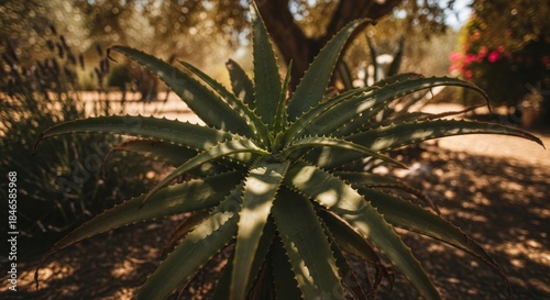 Vibrant Aloe Vera Plant Bathed in Warm Dappled Sunlight