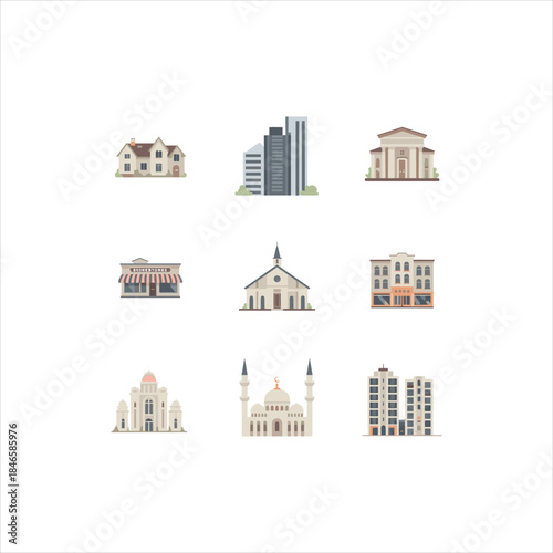 City Buildings and Architecture Icons Set Isolated on White Background