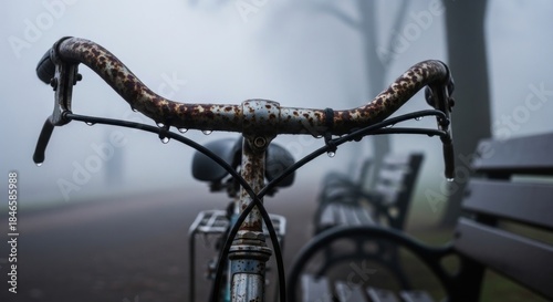 Rusty bicycle handlebars covered in water droplets on a foggy morning.