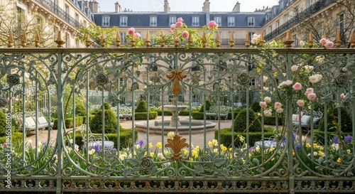 Elegant French Courtyard Garden with Ornate Gate and Spring Blooms