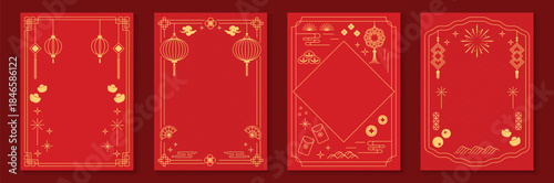 Chinese New Year 2026 vector decorative frame set with red and gold line art. Elegant oriental border design for greeting card poster invitation packaging and background.