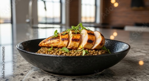 Sliced grilled chicken breast served over a healthy lentil salad in a modern kitchen setting.