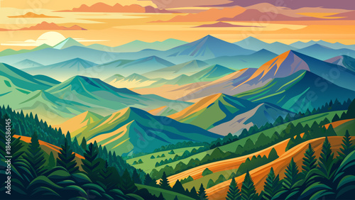 Very beautiful expansive mountain landscapes of West Virginia, rolling ridges fading into distance, soft atmospheric layers, and timeless natural beauty illustrated in clean vector style.